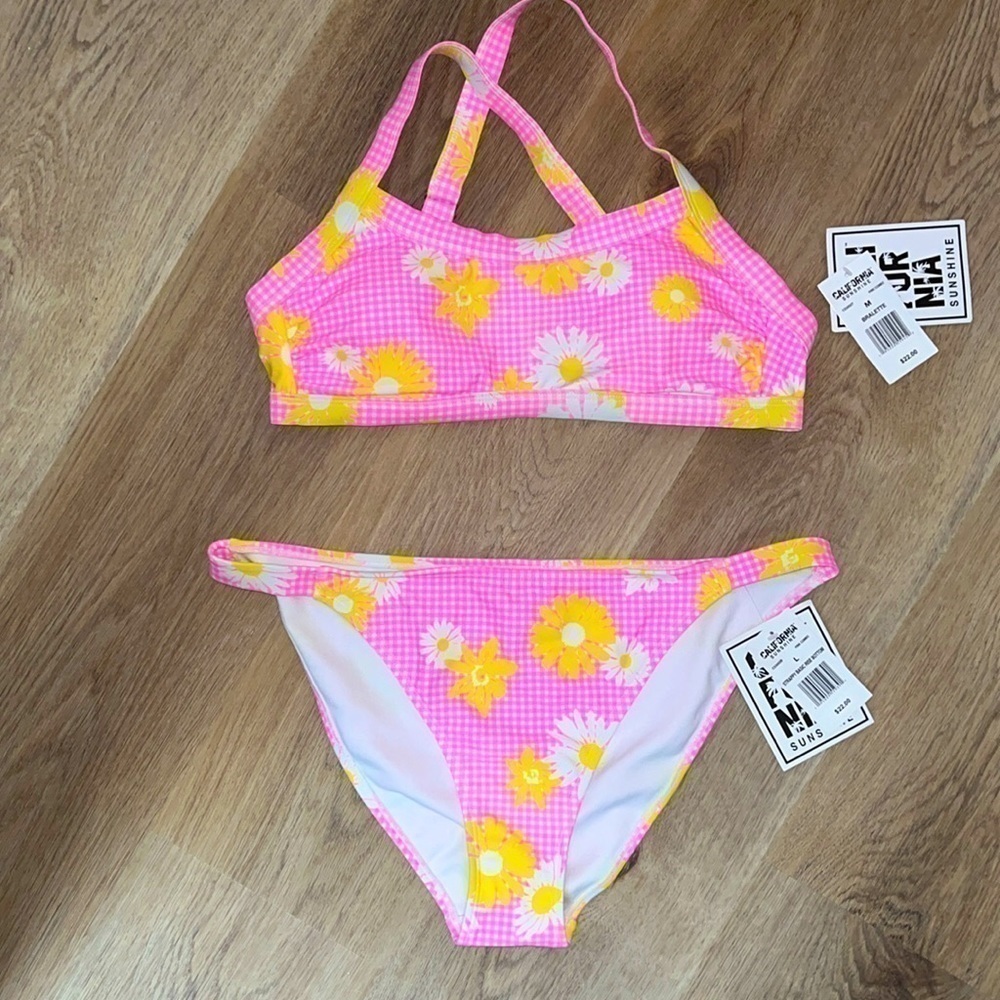 NWT California Sunshine Pink Gingham Floral Bikini Top and Bottom